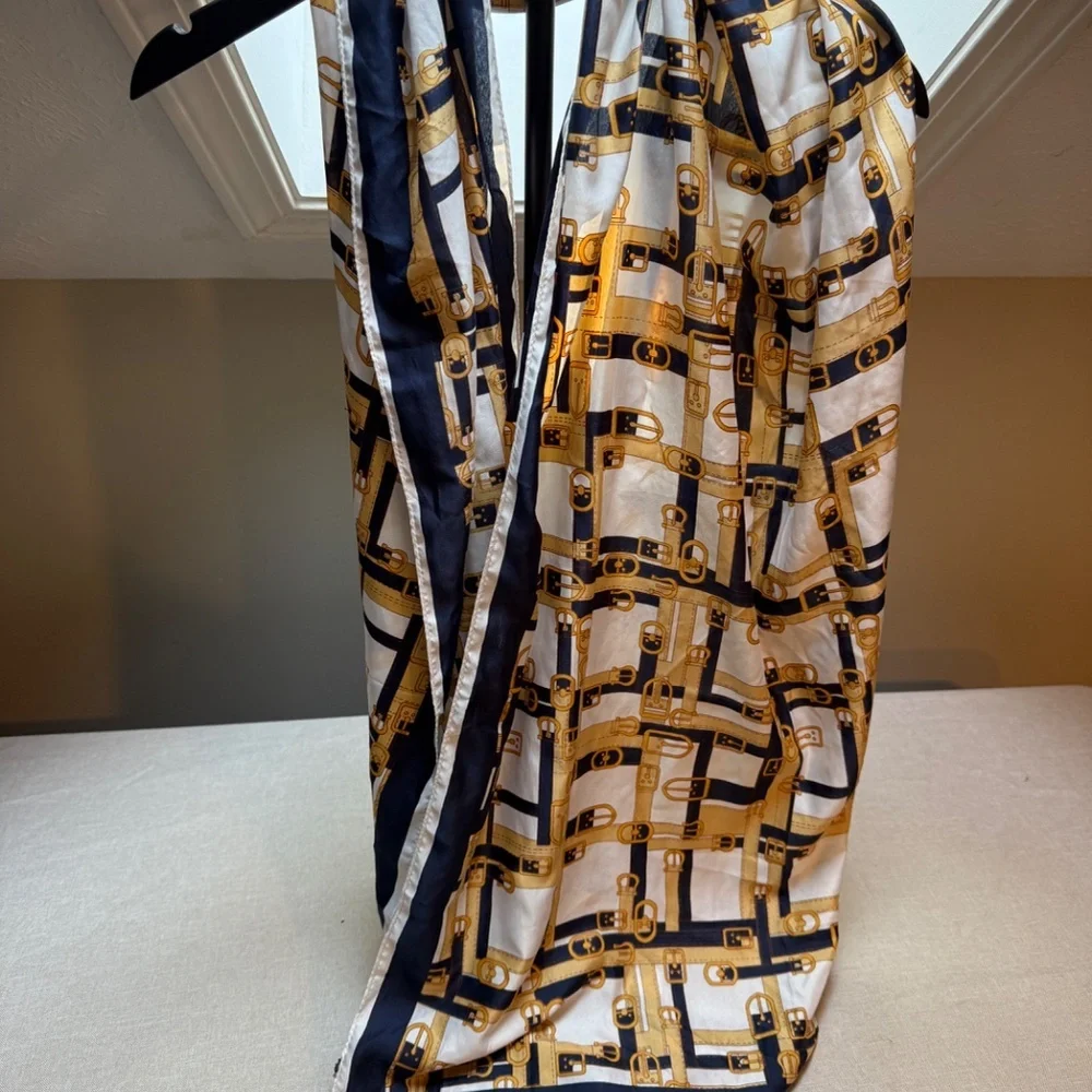 Large Vintage Equestrian Belts Scarf White Navy Gold